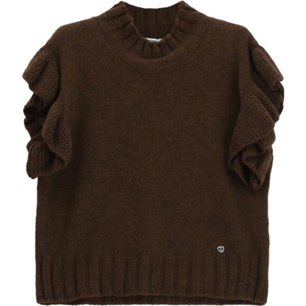 Maglione da donna in marrone scuro con ruches con scollo senza maniche Please