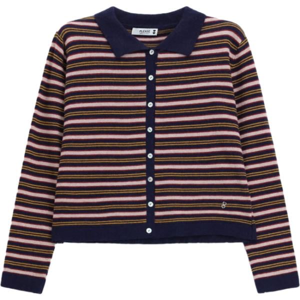 Cardigan da donna in blu scuro a righe collo a polo a maniche lunghe con bottoni Please Please
