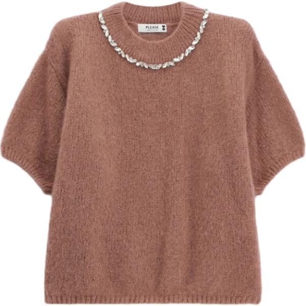 Maglione da donna in viola scuro girocollo corto a maniche corte Please