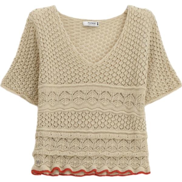 Top da donna in beige sabbia collo a v a maniche corte Please