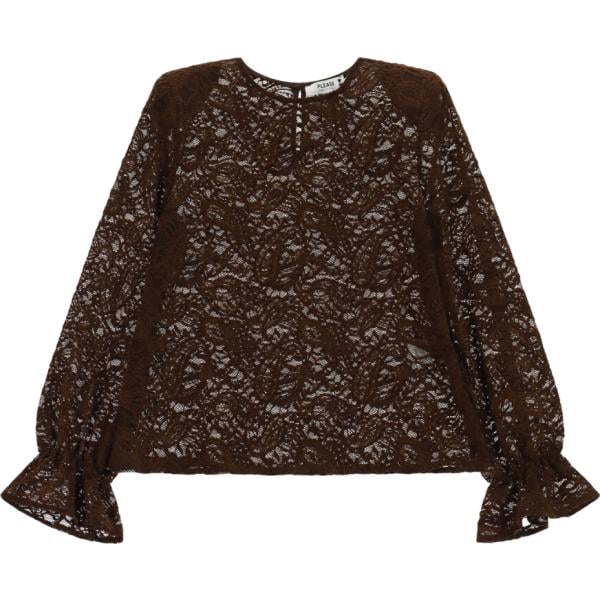 Blusa da donna forma svasata in marrone scuro con pizzo a maniche lunghe a vita alta Please
