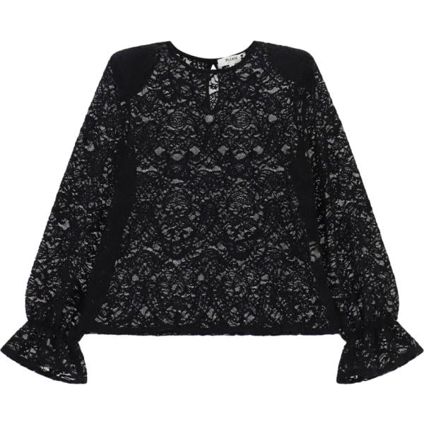 Blusa da donna forma svasata in nero pece con pizzo a maniche lunghe a vita alta Please