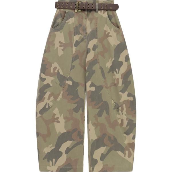 Pantaloni a palazzo da donna in verde oliva con stampe con borchie a vita alta con cintura Please