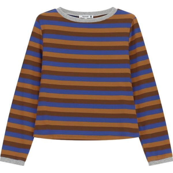 T-shirt da donna in marrone scuro a righe girocollo a maniche lunghe Please