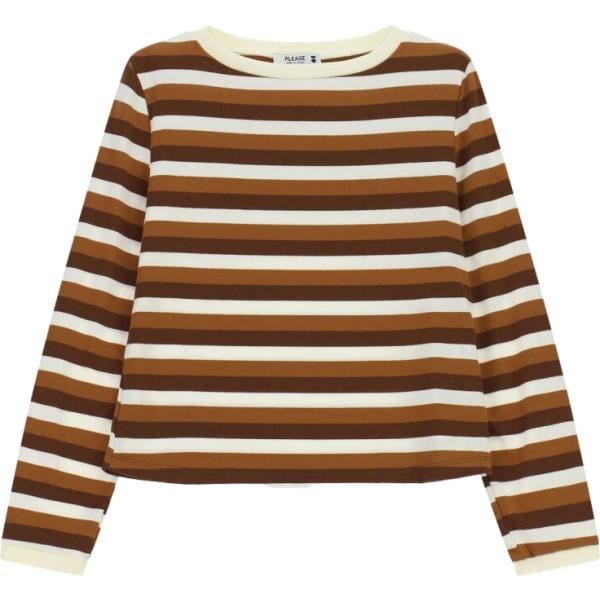 T-shirt da donna in marrone scuro a righe girocollo a maniche lunghe Please