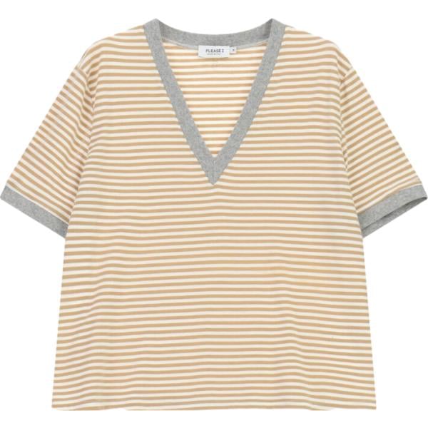 T-shirt da donna in bianco avorio a righe collo a v a maniche corte Please Please