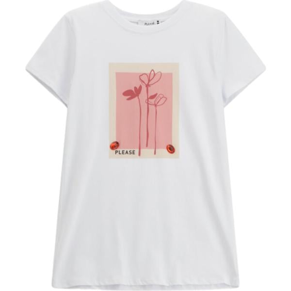 T-shirt da donna in bianco neve con stampe girocollo a maniche corte Please