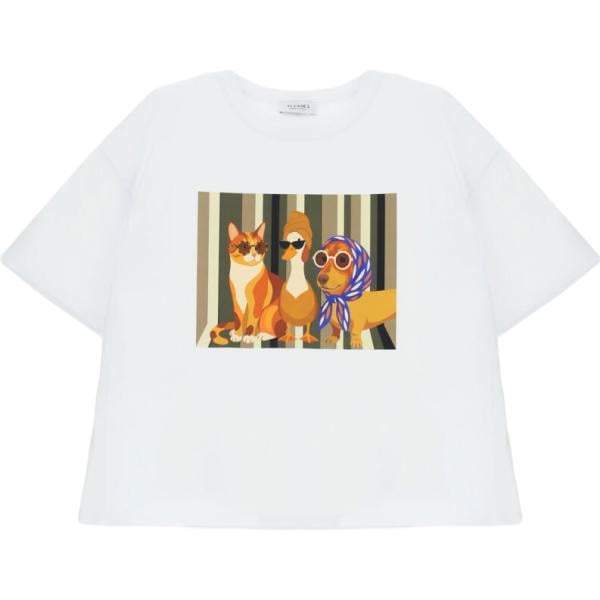 T-shirt da donna in bianco neve con stampe girocollo a maniche corte in denim Please