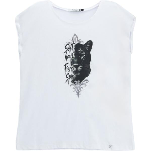 T-shirt da donna in bianco neve con stampe girocollo a maniche corte Please