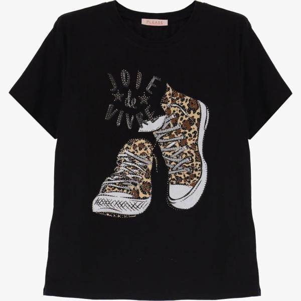 t-shirt Please nero con stampe