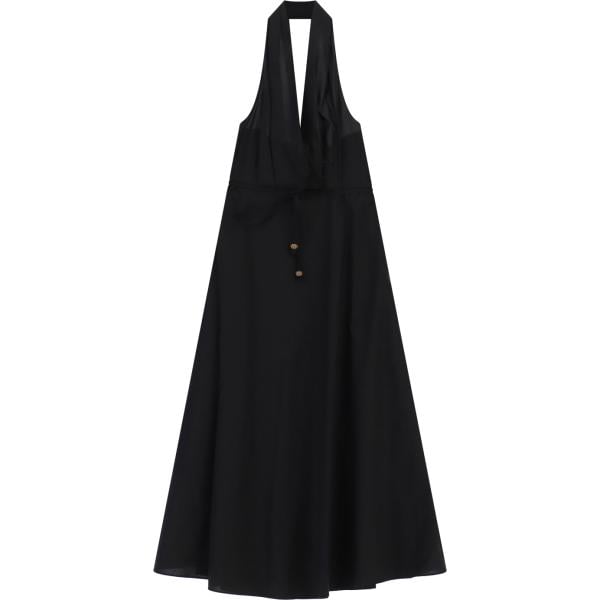 Vestito longuette/midi da donna in nero pece con scollo lungo con cintura Dixie