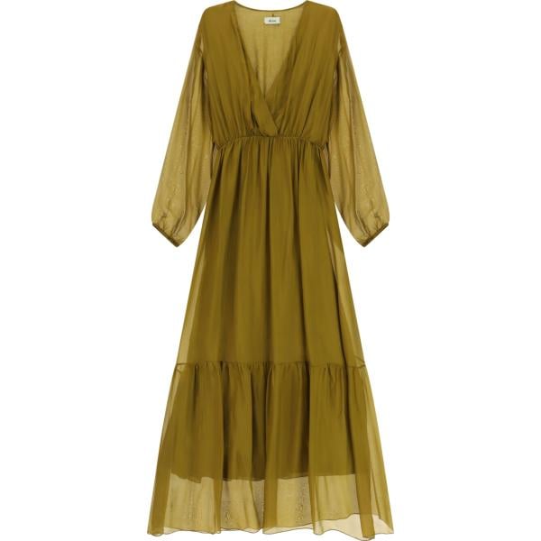 Vestito lungo da donna in verde oliva collo a v lungo a maniche lunghe Dixie