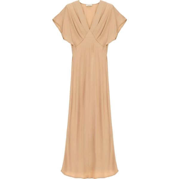 Vestito lungo da donna in marrone chiaro collo a v lungo a maniche corte Dixie