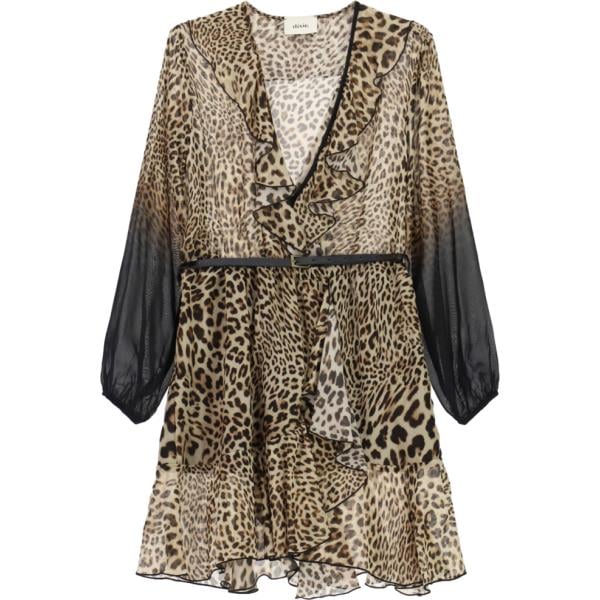 Vestito lungo da donna in marrone chiaro animalier con ruches con scollo corto con cintura Dixie