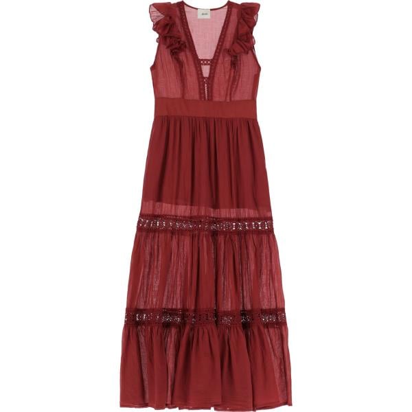 vestito lungo da donna in bordeaux con ruches con scollo lungo con zip Dixie