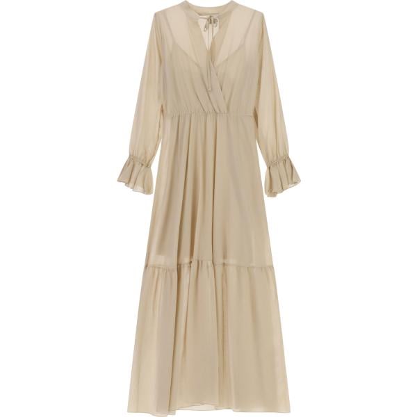 Vestito lungo da donna in beige sabbia con ruches con scollo maxi Dixie