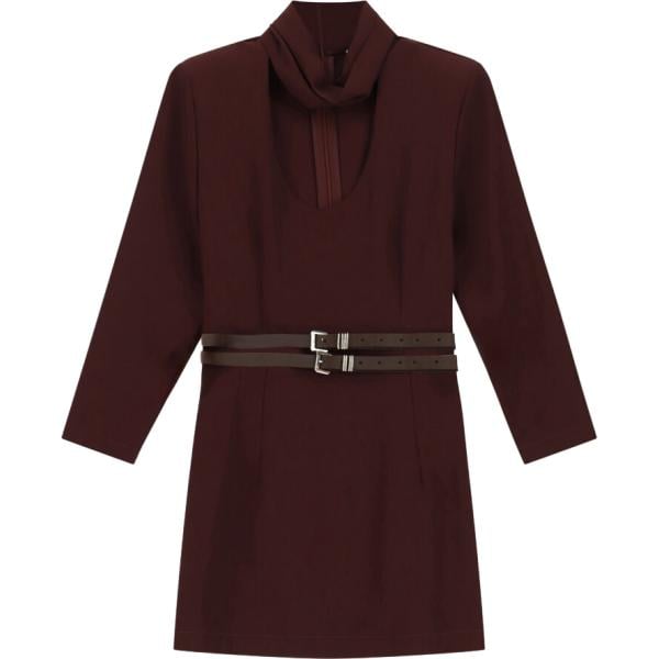 Vestito corto da donna in marrone scuro girocollo corto con cintura Dixie