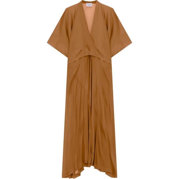 Vestito lungo da donna in marrone chiaro collo a v lungo con cintura Dixie