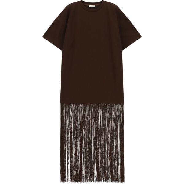 Vestito lungo da donna in marrone scuro con frange con scollo lungo a maniche corte Dixie