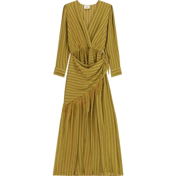 Vestito lungo da donna in verde oliva a righe con frange lungo a maniche lunghe Dixie Dixie