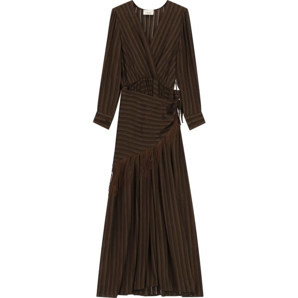 Vestito lungo da donna in marrone scuro a righe con frange lungo a maniche lunghe Dixie
