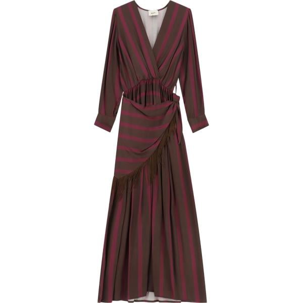 Vestito lungo da donna in marrone scuro a righe con frange lungo a maniche lunghe con cintura Dixie