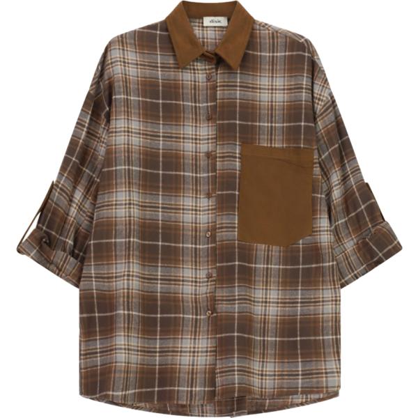 Camicia da donna in marrone chiaro a quadri maxi con bottoni Dixie