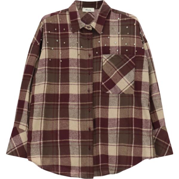 Camicia da donna in marrone scuro a quadri con borchie a maniche lunghe Dixie