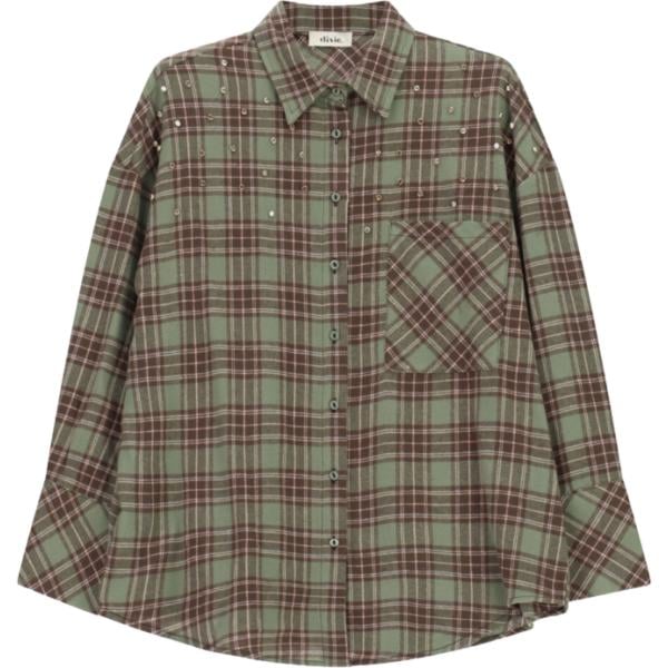 Camicia da donna in verde oliva a quadri con borchie a maniche lunghe Dixie