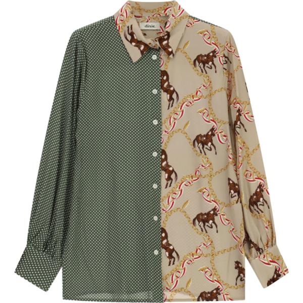 Camicia da donna in verde oliva con stampe collo classico a maniche lunghe in denim Dixie Dixie