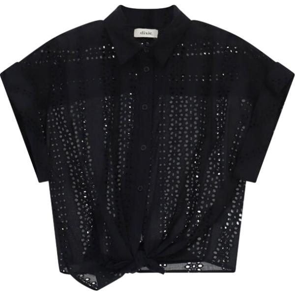 Camicia a maniche corte da donna in nero pece geometrica collo classico a maniche corte Dixie