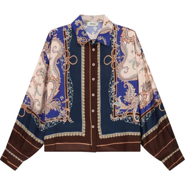 Camicia da donna oversize in blu scuro con stampe a vita alta Dixie