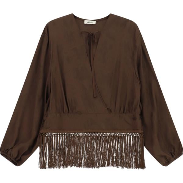 Blusa da donna in marrone scuro con stampe con frange lungo con lacci Dixie