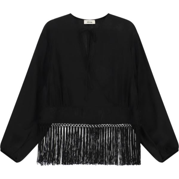 Blusa da donna in nero pece con stampe con frange lungo con lacci Dixie