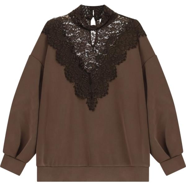 Felpa da donna in marrone scuro con pizzo collo alto a maniche lunghe Dixie