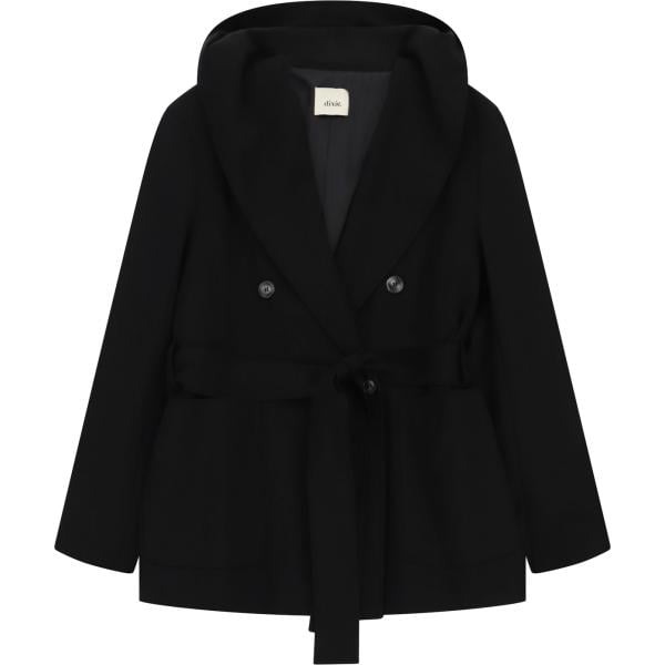 Giacca da donna in nero pece collo con cappuccio con cintura Dixie