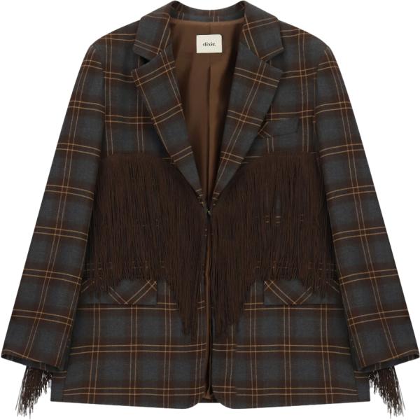 Giacca da donna in marrone scuro a quadri con frange monopetto Dixie
