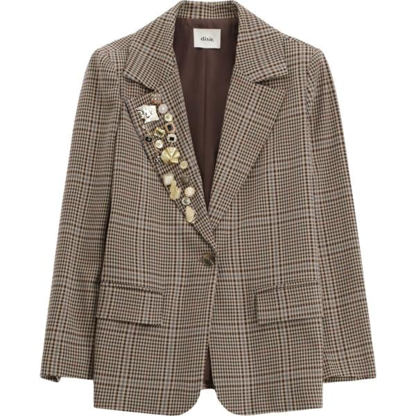 giacca da donna in marrone scuro a quadri con bottoni Dixie