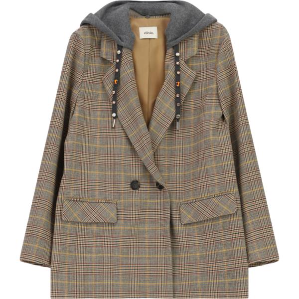 Giacca da donna in marrone scuro a quadri collo con cappuccio Dixie
