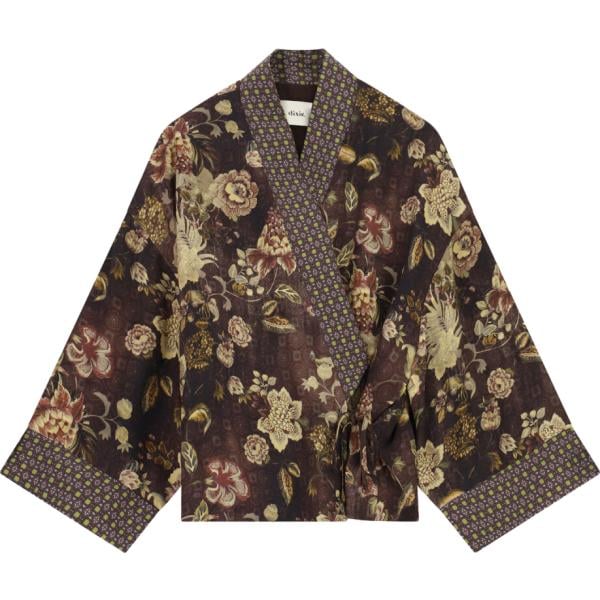 Kimono da donna in marrone scuro con stampe corto con cintura Dixie
