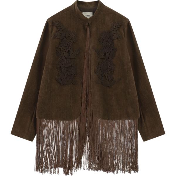 Cappotto da donna in marrone scuro a fiori con frange lungo con zip Dixie