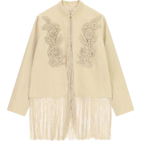 Cappotto da donna in bianco avorio a fiori con frange lungo con zip Dixie