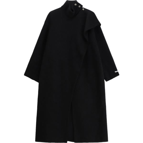Cappotto da donna forma asimmetrica in nero pece collo alto con bottoni Dixie