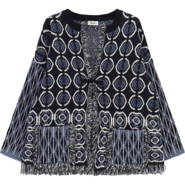 Cardigan da donna in blu scuro geometrica con frange a maniche lunghe Dixie Dixie