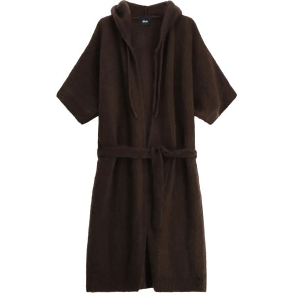 Cardigan da donna in marrone scuro collo con cappuccio lungo a maniche corte con cintura Dixie
