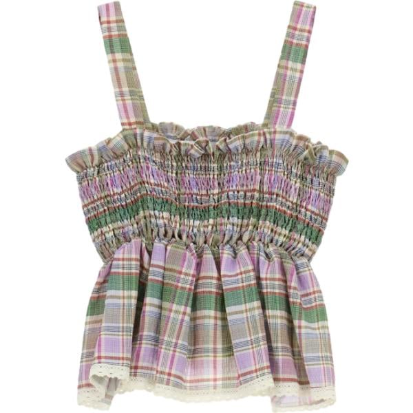 Top da donna in verde oliva a quadri con ruches con spalline Dixie