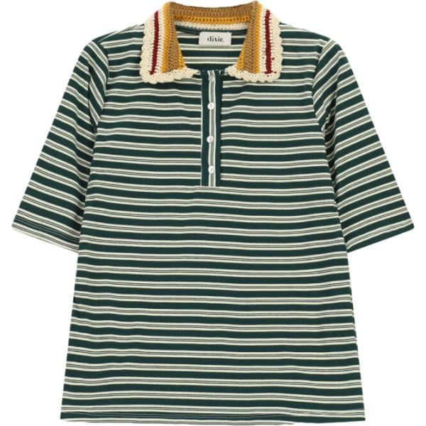Polo da donna in verde scuro a righe lavorato a maglia collo classico Dixie