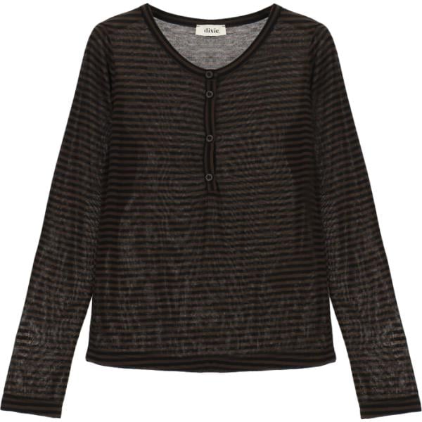 T-shirt da donna in marrone scuro a righe a maniche lunghe con bottoni Dixie