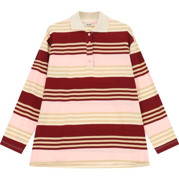 Polo da donna in rosa scuro a righe collo classico a maniche lunghe con bottoni in denim Dixie