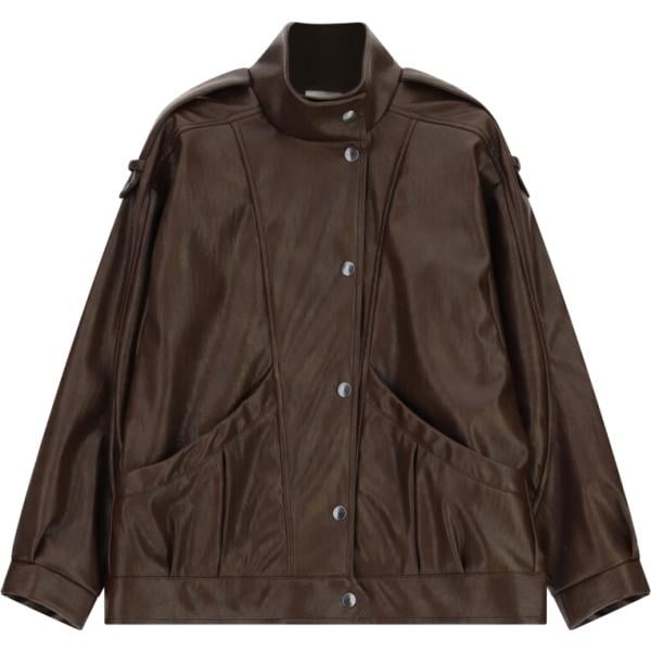 Bomber da donna in marrone scuro con bottoni in ecopelle Dixie